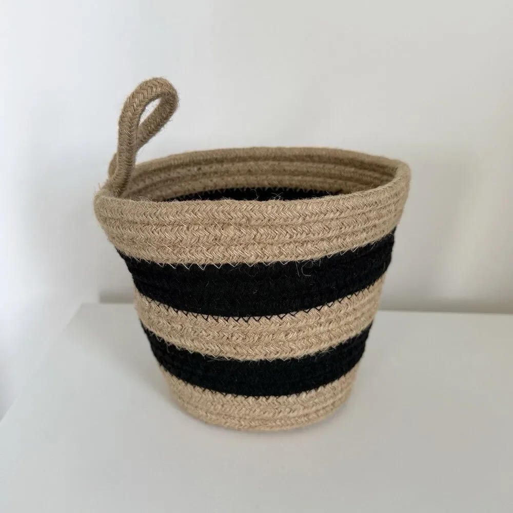 Jute Woven Storage Basket Black Stripe Natural Farmhouse Boho Home Decor